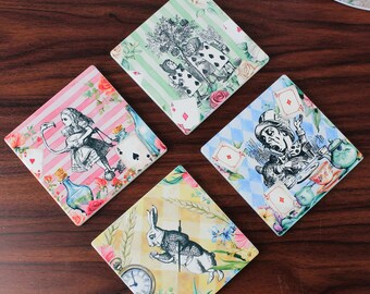 Alice's Adventures in Wonderland Ceramic Coasters Set - Classic Storybook Set of Four (4) Square Coasters - Available with Stand