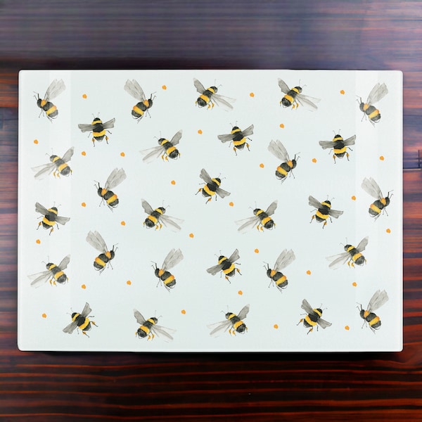 Watercolour Bees Glass Worktop Protector - Textured Kitchen Chopping/Cutting Board Worktop Saver with Non-Slip Feet