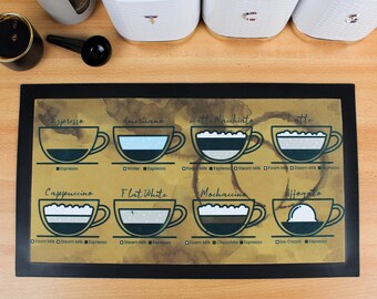 May include: A black and gold coffee mat with illustrations of different coffee drinks, including espresso, cappuccino, latte, and mocha. Each illustration shows the layers of ingredients in the drink, with labels for each ingredient.