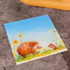 Può includere: Sottobicchiere quadrato in vetro con un'illustrazione stravagante di un riccio e un topo in un campo di fiori selvatici. Lo sfondo è una sfumatura di blu e bianco, con fiori gialli ed erba verde.
