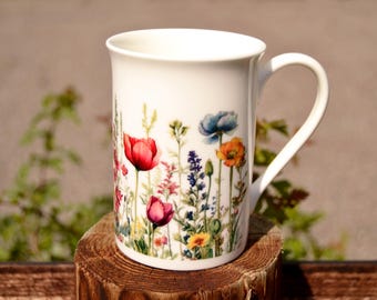 Wildflowers Bone China Mug - Colourful China Drinkware Gifts for Her - Floral Tea Coffee Cup - Available as Set