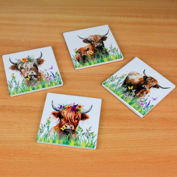 Highland Cow Placemat & Coaster Set – 4 Placemats + 4 Coasters, Cork Backed