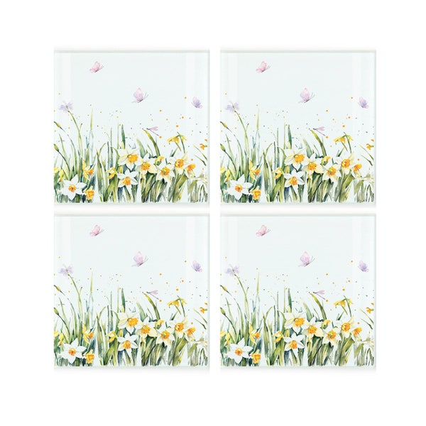 Daffodils Coaster Set - Springtime Flowers Gift - Square Tempered Glass Non-Slip Coasters Set x 4 Available with stand