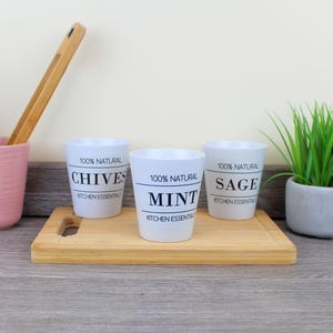 Puede incluir: Tres recipientes de cerámica blanca con letras negras. Los recipientes están etiquetados como "100% Natural Cebollino Cocina Esencial", "100% Natural Menta Cocina Esencial" y "100% Natural Salvia Cocina Esencial".