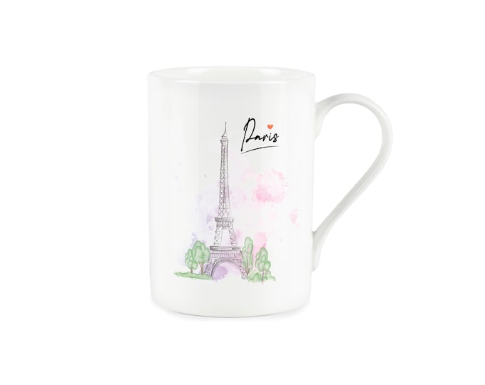 Paris Mug - Watercolour Eiffel Tower City of Love Gift/Present - White Bone China Tea/Coffee Mug