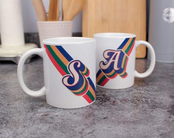 Colourful Letter Mug - Retro Stripe Personalised Alphabet Tea/Coffee Ceramic Cup