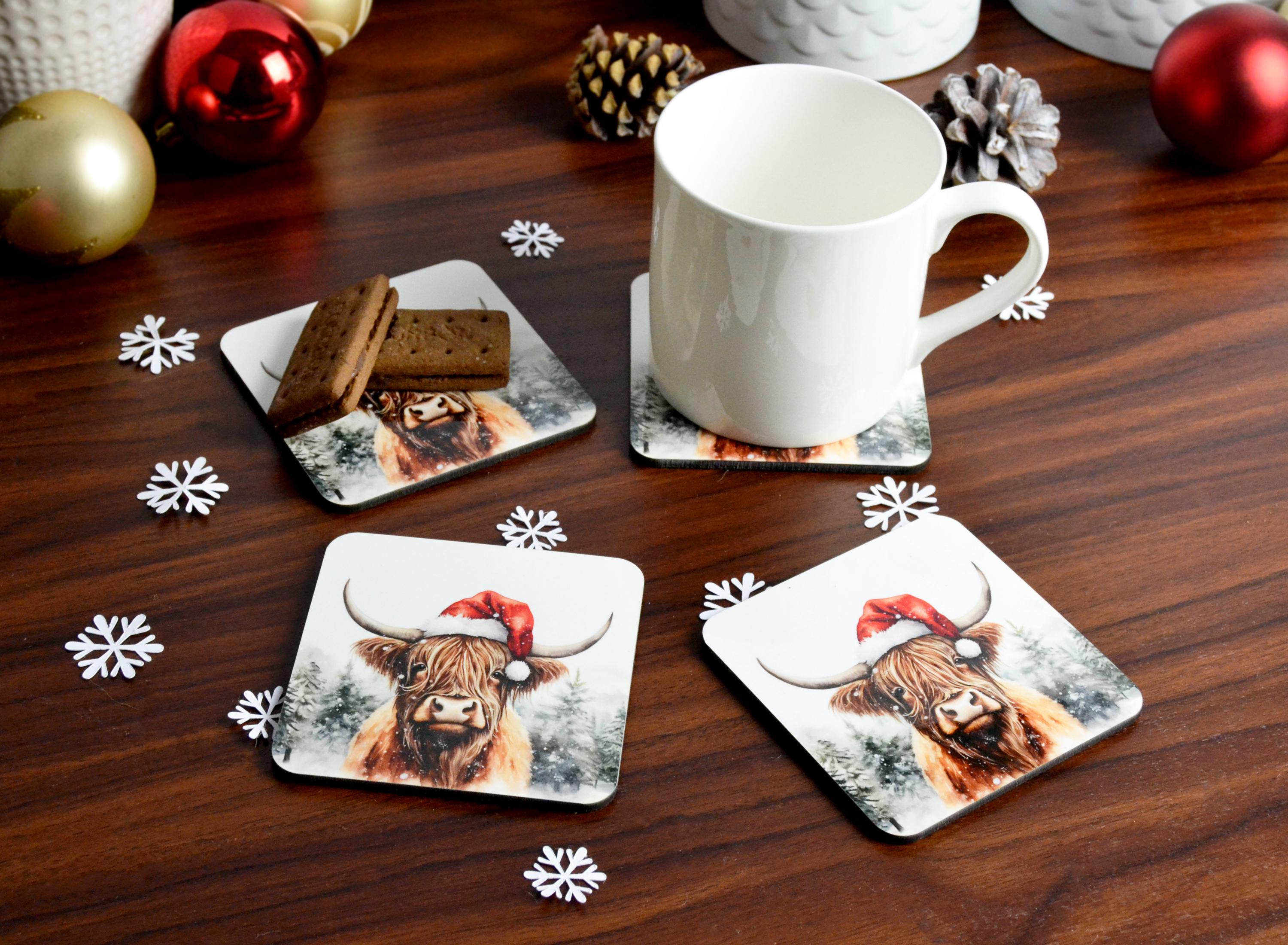 Decorazione Cucina Stile Rurale Set Di 4 Sottobicchieri In Sughero Con Stampe Highland Cow & Calf - Stile Country, Resistenti Al Calore Sottobicchieri Mucca Highland