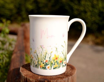 Daffodils Bone China Mug - Custom Spring Floral Gift/Present for Relations - Personalised Yellow/Pink Hot Drinks Cup