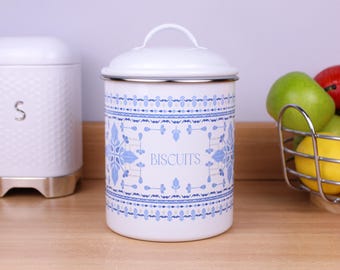 Pretty Blue Tile Large Metal Canister - Folk Kitchen Food Storage Jar/Caddy Gift