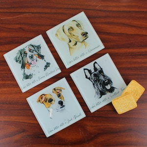 Dog Portrait Glass Coaster Set - Life&#39;s Better With a Dog - Square Coaster Gifts for Dog Lovers with Display Stand Available