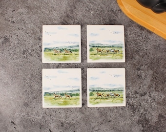 Chevaux sauvages - Lot de 4 sous-verres carrés en céramique - Cadeau - Disponible avec support