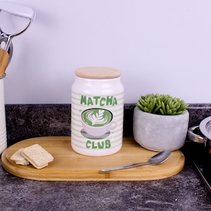 Gestreepte matcha-voorraadbus - Matcha Club metaal/keramiek keukencontainer cadeau