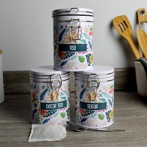 Tropical Flowers Metal Storage Canisters - White/Silver Tinplate Food & Drinks Containers with Clip Lids - Kitchen Jar/Container Gift Sets