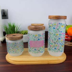 Spring Flowers Glass Storage Canister - Pretty Kitchen Canister/Container with Wooden Lid Various Sizes