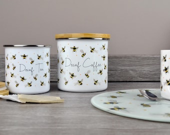 Buzzing Bees Tea Coffee Sugar Decaf Biscuits Kitchen Canisters - Enamel Storage Containers Home Gifts for Bee Lovers