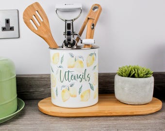 Grand pot/organisateur d'ustensiles de cuisine en métal Citron Agrumes - Cadeau de rangement pour la cuisine