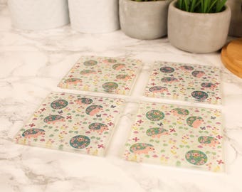 Set van 4 glazen onderzetters Egels en bloemen - Woondecoratiegeschenken - verkrijgbaar met standaard