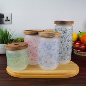 Floral Roses Glass Storage Canister - Pretty Kitchen Canister/Container with Wooden Lid Various Sizes