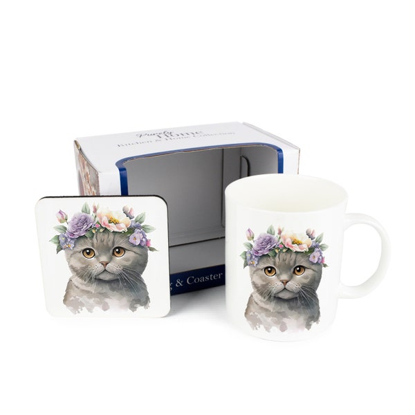 Cat Mug & Coaster Gift Boxed Set - Flower Crown Animal Gift/Present - Tea Coffee White Bone China Mug