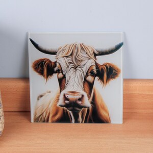 Può includere: Piastrella decorativa quadrata con un ritratto dettagliato di una mucca delle Highlands. La mucca ha lunghi peli marrone chiaro, un viso bianco e grandi corna ricurve. Lo sfondo è di un colore morbido e neutro, che mette in risalto i lineamenti della mucca.