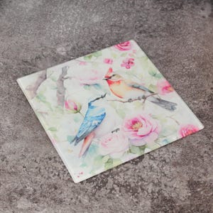 Könnte beinhalten: Quadratisches Glas-Schneidebrett mit einem Aquarelldesign von zwei Vögeln, die auf einem Ast inmitten von rosa Rosen und grünen Blättern sitzen. Die Vögel haben blaue, orange und rote Federn. Der Hintergrund ist ein weiches Weiß.