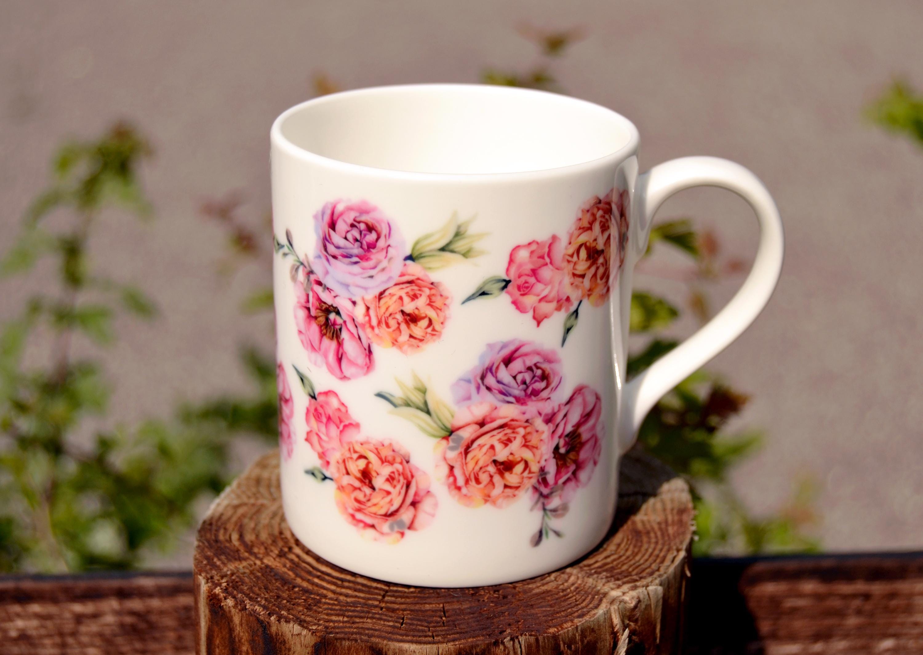 Pretty Floral Small Bone China Mug - Tea/Coffee Cup Pink & Red Flowers Gifts for Her