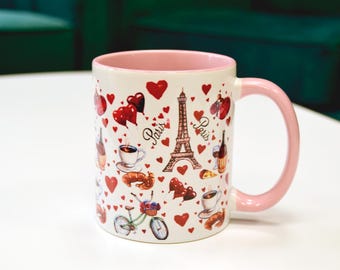 Cartoon Paris Tasse - Stadt der Liebe Keramik Tee / Kaffeetasse Romantisches Geschenk für Reiseliebhaber - Erhältlich als Geschenkset mit Untersetzer