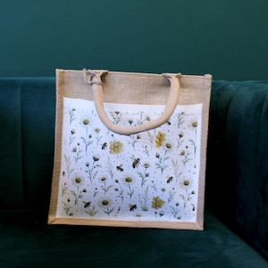 Borsa per la spesa in juta con motivo floreale e api, dotata di tasca frontale - Regalo ecologico e riutilizzabile