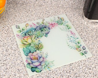 Watercolour Succulents Large Square Glass Worktop Protector - Floral Kitchen Chopping/Cutting Board Gift