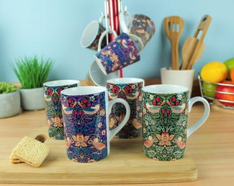 Tazze in ceramica Strawberry Thief - Set regalo floreale William Morris - Illustrazione di arazzo con uccelli e fiori, tazza per tè/caffè e bevande calde, regalo