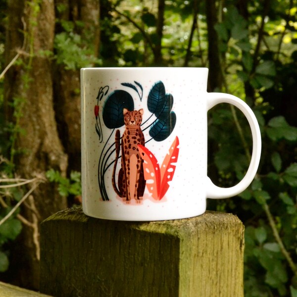 Exotische cheetah-mok Bone China - Wilde katten en junglebladeren Cadeaus voor dierenliefhebbers - Kopje thee/koffie warme dranken aanwezig