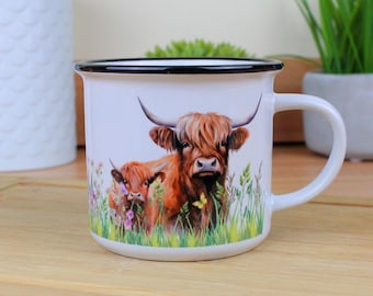 Highland Cow & Calf Ceramic Mug - Countryside Farm Animals Hot Drinks Cup Present - Enamel-Look Mug Gift