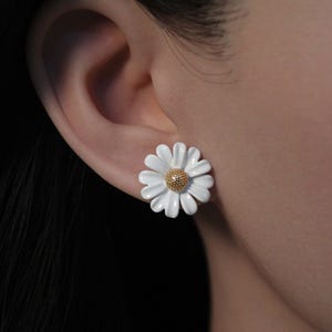 Enamel Daisy Flower Stud Earrings | Gold Plated Flower Earrings | 925 Sterling Silver Posts | Handmade Floral Jewelry