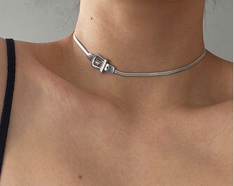 Sliver Herringbone Chain Chocker Necklace With Buckle