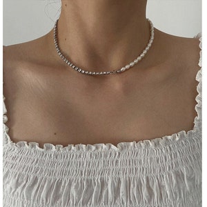 Half Pearl Half Chain Necklace,Minimal Pearl Chain Choker,Silver Chain Necklace