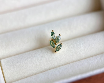 16G Moss Agate Leaf Stud Earring: Sterling Silver Piercing, Screw Back