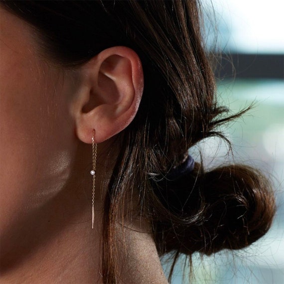 10K Solid Gold Ear Threader ear Chain Earrings long Threader