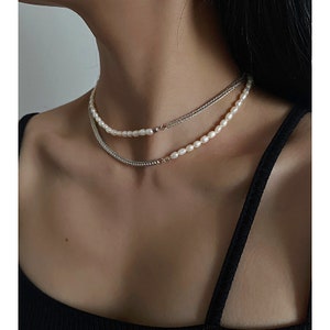 Half Pearl Half Chain Chocker,Double Layered Pearl Necklace,Multistrand Pearl Long Necklace,Gift For Her