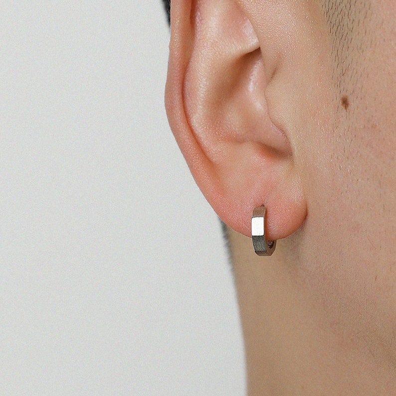 Mens Octagon Huggie Hoop Earrings,Sliver Huggie Earrings For Men image 2