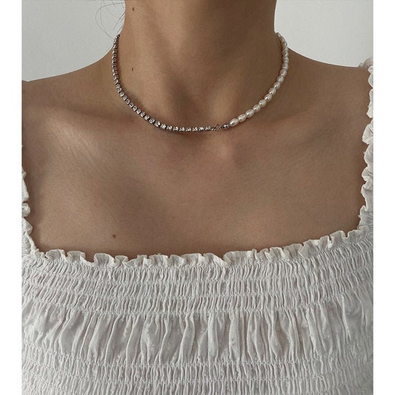 Pearl Chain Necklace, Half Pearl and Chain Necklace, Pearl Choker Chain,  Layering Necklace, Minimalist Necklace, Silver Chain and Pearls - Etsy
