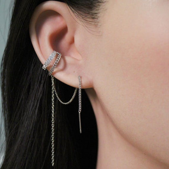 Cartilage Earrings Ear Cuff Bar Earring Top Of Ear Titanium Chain