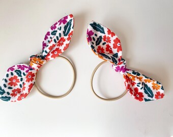 Bunny bows-bold floral print. 2 pack | Set of two. Hair bows. Hair ties. Bow elastic hair
