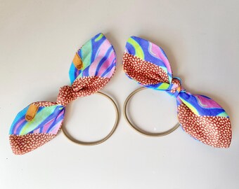 Bunny bows-retro ice cream print. 2 pack | Set of two. Hair bows. Hair ties. Bow elastic hair