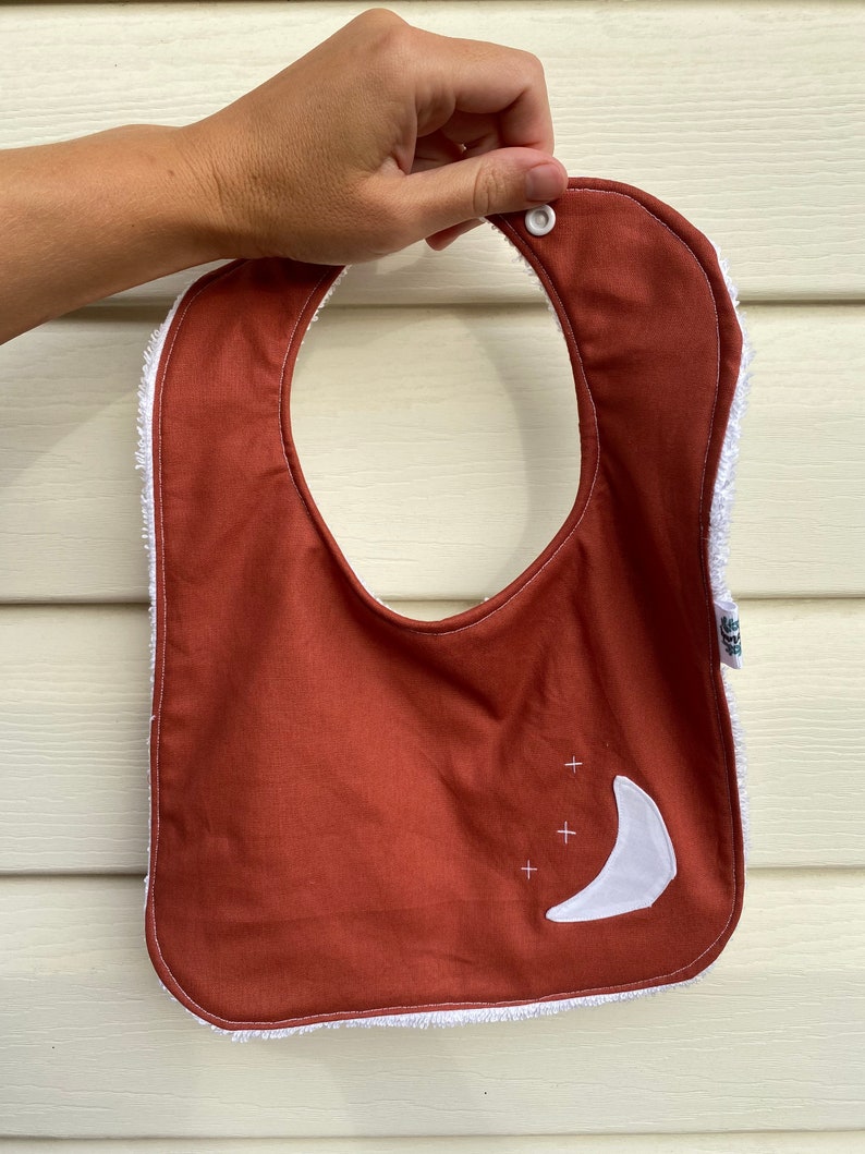 Drool bib Towel bib with snap clip Cotton bib. Dribble bib Baby bib- moon bib in rust