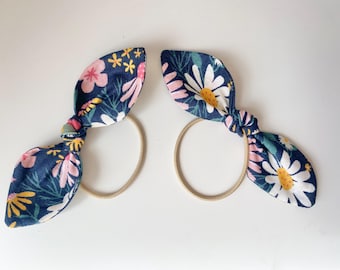 Bunny bows-navy floral print. 2 pack | Set of two. Hair bows. Hair ties. Bow elastic hair