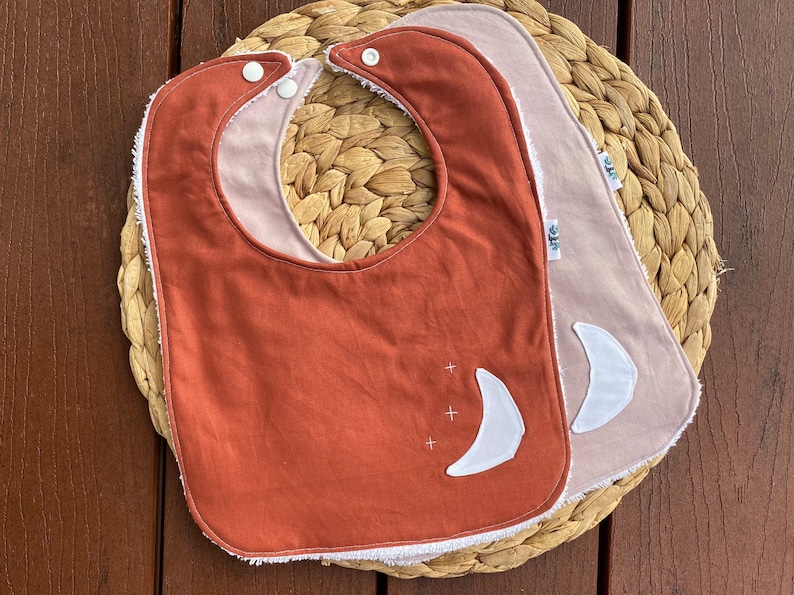 Drool bib Towel bib with snap clip Cotton bib. Dribble bib Baby bib- moon bib in rust