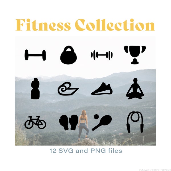 Fitness Clip Art Designs, Black Color SVG and PNG Files of Health, Wellness, Yoga Matt, Drink Bottle, Skipping Rope, Dumbbell, Sneaker, Bike