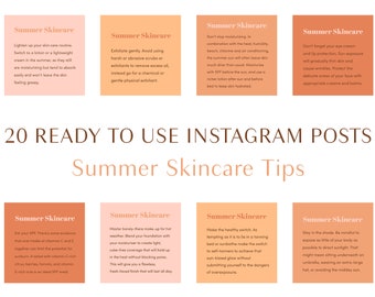 20 zomerse huidverzorgingstips Posts voor Instagram, kant-en-klare posts, sociale media-marketinginhoud voor schoonheidsspecialiste, beautyblogger, spa-bedrijf