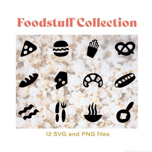 Alimentos Clip Art Designs, Black Colour SVG y PNG Files of Pizza, Burger, Fries, Pretzel, Bread, Cheese, Hot Dog, Croissant, Bacon, Soup