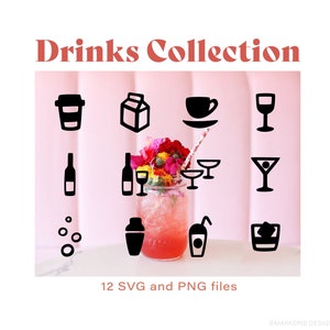 Drinks Clip Art Design, Black Colour SVG and PNG Files of Alcohol, Soft Drinks, Soda, Coffee Cup, Milk Carton, Champagne Bottle and Glasses